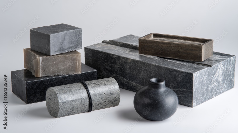 Poster set of geometric stone blocks on white background for architectural material photography constructio
