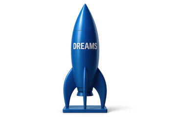 Blue rocket standing on launchpad representing dreams with transparent background