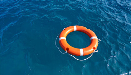 Orange Lifebuoy Floating on Blue Water Surface with White Rope and Reflective Sunlight