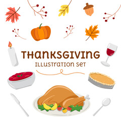Thanksgiving elements illustration vector set, thanksgiving dinner and symbol, autumn elements 