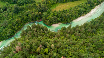 Aerial View of a Dense Forest With a Flowing Stream © PhotoEM