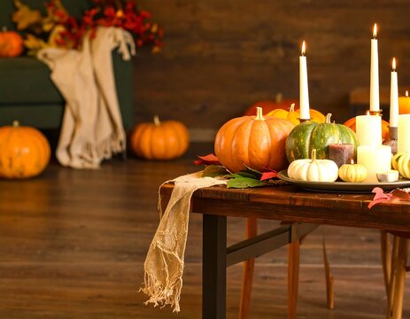 Autumnal Thanksgiving display on wooden table