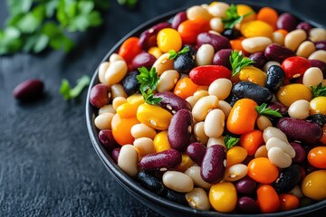 Colorful bean salad. Top view, product photography style, food. Fresh and protein-packed, healthy eating