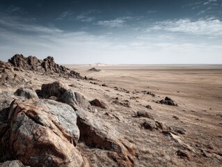 Desolate Gobi expanse: Rugged Rocks and Solitary Dune on the Horizon