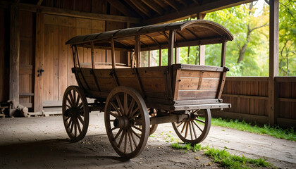 Antique Wooden Wagon Inside A Barn With Sunlight Shining Through Depicting History And Travel