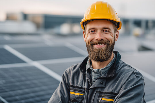 Smiling male technician in blue suit installing photovoltaic blue solar modules with screw. Man electrician panel sun sustainable resources renewable energy source alternative innovation	
