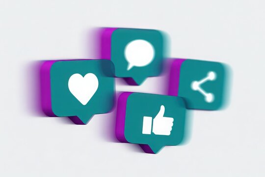 Social media engagement icons including like comment share and heart symbols on a light background