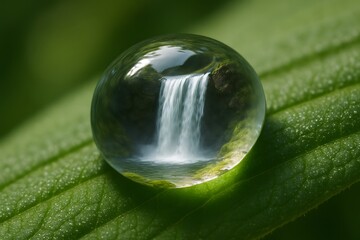 Macro shot of a water droplet hanging from a leaf, reflecting a waterfall and lush green forest with sunlight shining through, symbol of purity and nature