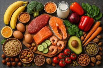 Balanced Diet Arrangement of Fresh Fruits and Vegetables in Flat Lay Style