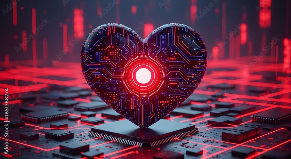 Aufkleber a futuristic heart made of glowing circuits and electronic components, set against a backdrop of red