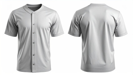 Realistic baseball jersey template showing front and back views. Blank button-up short sleeve shirt mockup for sportswear branding and design.