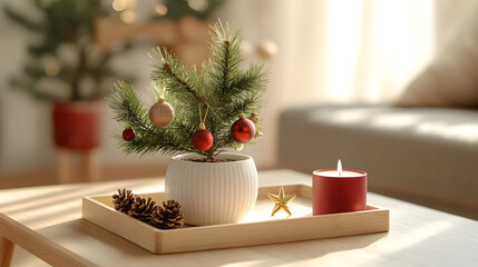 Miniature Christmas Tree with Ornaments and Candle on Wooden Tray