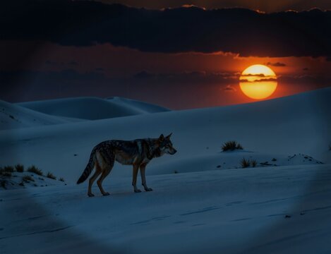 A lone coyote stands on a snowy dune at sunset, its silhouette stark against the vibrant orange and blue hues of the setting sun