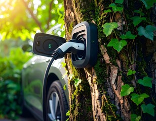 Electric car charging through a socket embedded in a tree, symbolizing green energy, eco innovation, and sustainable mobility