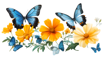 Vibrant blue butterflies dance among golden yellow and orange blossoms, bringing nature's beauty to life isolated on white background
