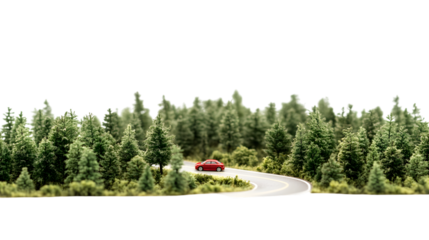 Red car drives winding road through lush green forest, evoking adventure and escape isolated on white background