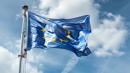 European union flag waving against a cloudy blue sky on a metal pole - Powered by Adobe