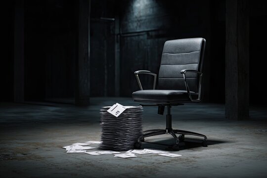 Dark office room, empty chair, stack of papers