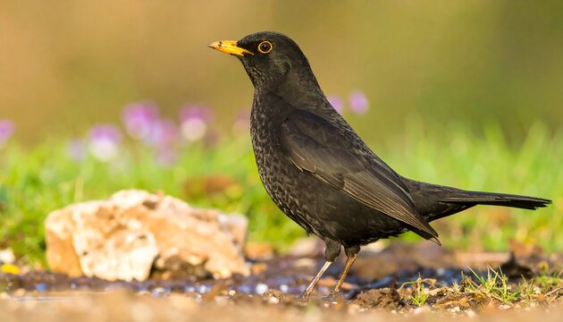 Close-up of a blackbird foraging on the ground.