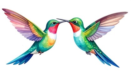 Fototapeta premium Two hummingbirds in flight, colorful plumage
