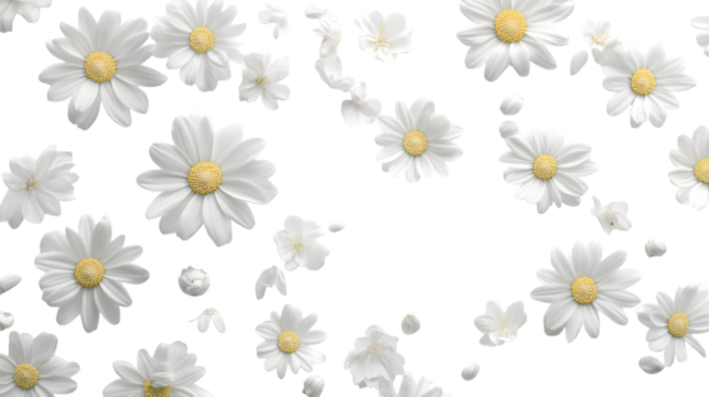 Delicate white daisies scatter gracefully creating a fresh, natural, and airy floral arrangement perfect for spring isolated on white background