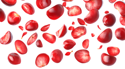 Vibrant red pomegranate seeds and arils artfully arranged, creating a dynamic and juicy visual isolated on white background