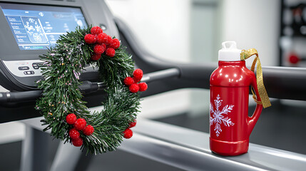 Christmas Wreath and Red Water Bottle in a Modern Gym Setting