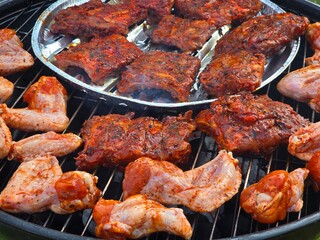 Marinated chicken wings and pork ribs are cooking on a hot outdoor barbecue grill.
