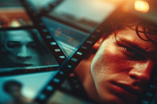 Cinematic portrait collage with dramatic film strip effect