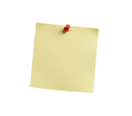 Yellow sticky note with red pin isolated on transparent background 