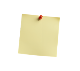 Yellow sticky note with red pin isolated on transparent background 