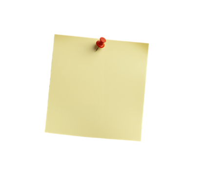 Yellow sticky note with red pin isolated on transparent background 