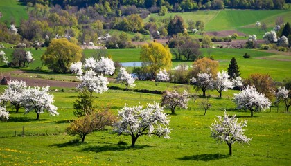 Springtime landscape with blossoming trees