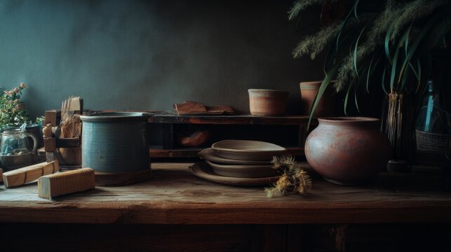 Dark rustic kitchen scene with handmade ceramic dishes and natural wood for culinary lifestyle photography food branding visuals