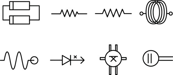 Electrical circuit schematic symbols, resistor, capacitor, diode, inductor, AC source, electronics diagram, engineering, power components