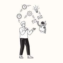 A man juggling clocks, a lightbulb, a cog, and envelopes while a robot helps with the task. This image represents multitasking, productivity, and AI assistance.