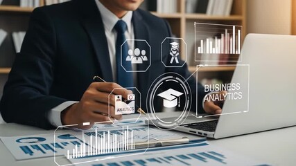 Professional uses a laptop examining charts and graphs Icons float above his work symbolizing teamwork learning and career growth bathed in warm sunlight - Powered by Adobe