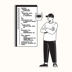A man standing with his arms crossed next to a computer screen with code and a small robot. This image represents AI in software development, programming, and technology.
