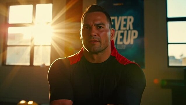 Determined athlete pushing through final stretch with motivational sunrise backdrop for Never Give Up Day with copy space