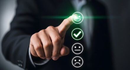 Closeup of a hand touching a screen with a vertical list of customer satisfaction icons, showing a positive rating with a happy face and checkmark, indicating excellent service