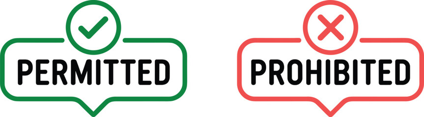 Permitted and prohibited signs, check mark and cross icon, approval rejection labels, green red outline symbols
