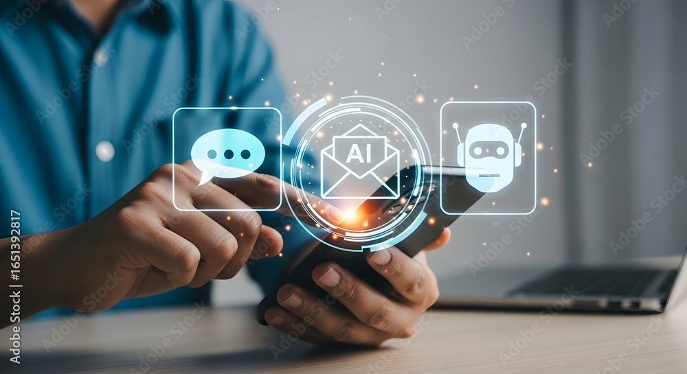 Poster person using a smartphone with ai chatbot and virtual assistant interface, symbolizing modern commun