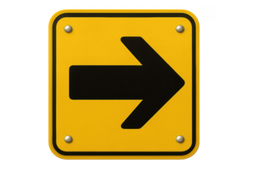 Yellow Road Sign with Black Right Arrow on Transparent Background