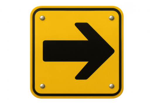Yellow Road Sign with Black Right Arrow on Transparent Background