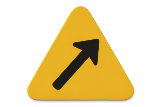 Yellow triangular road sign with merging traffic arrow pointing up and to the right on transparent background
