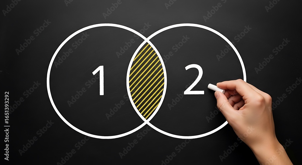 Poster hand drawing a venn diagram with numbers 1 and 2 on a chalkboard, illustrating concepts of compariso