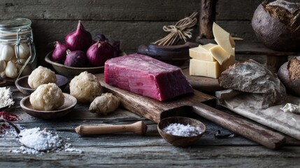 Rustic cheese and sausage setup on dark wood for gourmet culinary food photography product artisan branding lifestyle composition