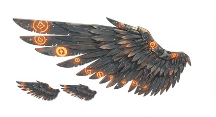 Dark metallic wings gleam with glowing runes; dramatic fantasy art. AI Generated