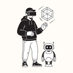 black and white illustration of a person and a robot. The person is wearing a hoodie, jeans, and sneakers, and is also wearing a virtual reality (VR)