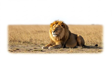 Fototapeta premium Majestic lion rests peacefully golden savanna sunset light. AI Generated